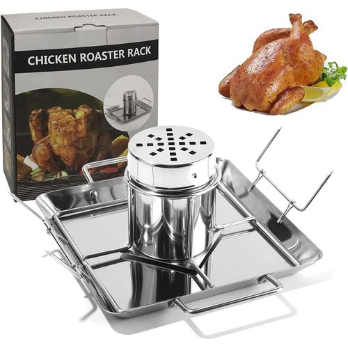 Support de Poulet pour canette de bière, Support Grille RôTissoire Poulet Acier Inoxydable Vertical Chicken Gril, avec bac d'égouttage adapté au Camping Barbecue en Plein air