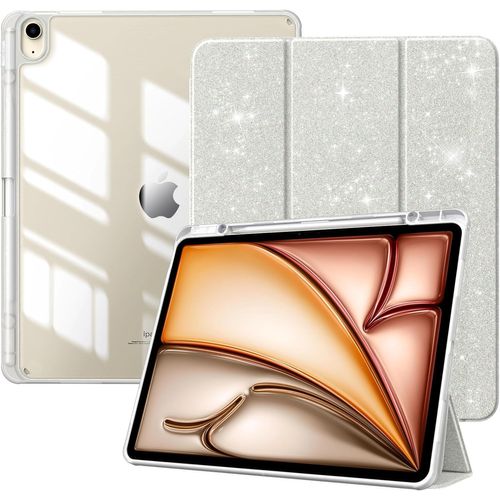 Coque pour Nouvel iPad Air 13 Pouces (M3/M2-2025/2024) avec Porte-Stylet, Étui Fine Mise en Sommeil/Réveil Auto, Housse Arrière Transparente avec Support pour iPad Air 13, Blanc Scintillant