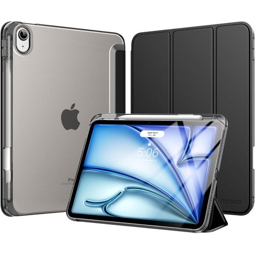 Coque pour iPad Air 11 Pouces M3/M2 2025/2024, iPad Air 5e/4e Gén 10,9 Pouces Coque 2022/2020 avec Porte-Stylet, Mince Légère à Trois Volets avec PC Arrière Translucide Robuste, Noir