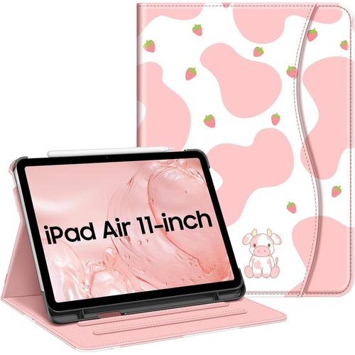 Coque pour iPad Air 11 Pouces M3/M2 (2025/2024), iPad Air 5/4 10.9 Pouces (2022/2020) - [Rangement de Stylet] Etui Multipositions Housse avec Poche de Cartes, Vache Fraise