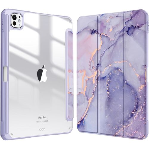 LORANKA-Coque pour iPad Pro 11 Pouces M5/M4 (2025/2024) - [Rangement de Stylet] Coque Arrière Transparente Claire Étui Pliable, Housse Antichoc avec Bord en TPU, Marbre Lilas