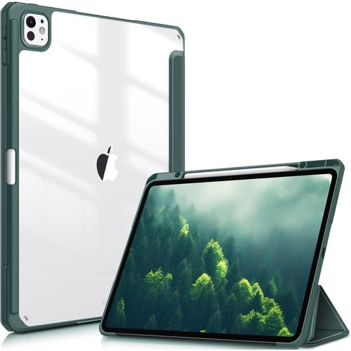 Coque pour iPad Pro 13 Pouces 2024 M4 - [Rangement de Stylet] Coque Arrière Transparente Claire, Housse Antichoc avec Bord en TPU Étui Pliable, Vert Minuit