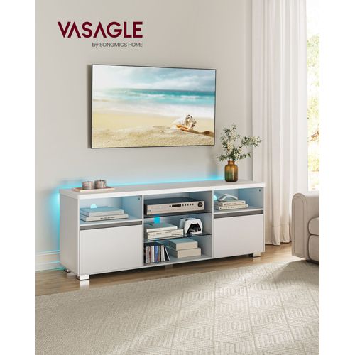 Meuble Tv Avec Led, Table Télé Moderne Pour Les Téléviseurs Jusqu¿À 70 Pouces, Avec Étagères Ouvertes En Verre, Blanc