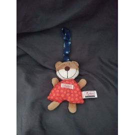 Doudou Peluche Ours Marron Blanc Corps Tissu Rouge Spirales Jaunes Billes Grelot Sigikid