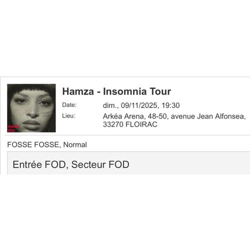 Billet Pour Le Concert De Hamza À Bordeaux Arena Le 09/11/2025 À 19h30