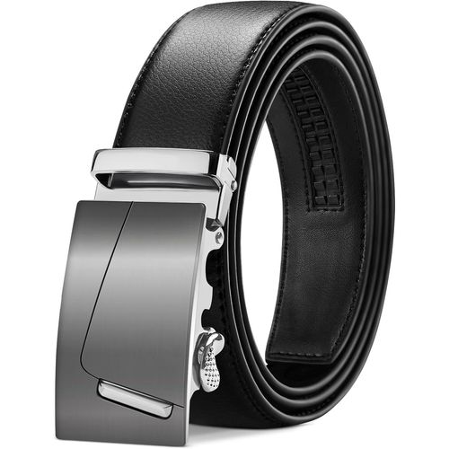 Men's Adjustable Ratchet Automatic Buckle Leather Belt 35mm Wide Black 115-145cm.[E713]