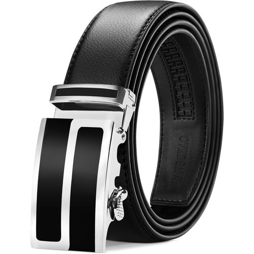 Men's Adjustable Ratchet Automatic Buckle Leather Belt 35mm Wide Black 115-145cm.[E659]