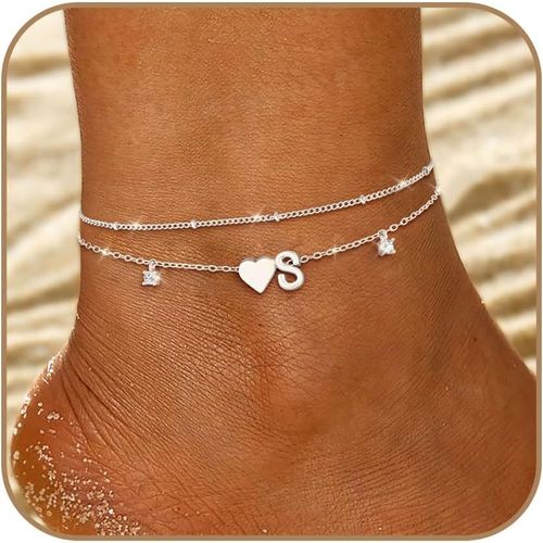 Tianyi-Bracelet Cheville Femme Or Chaine De Cheville Initiales Coeur Bracelet Cheville Imperméable Réglable Avec Zircones Ensemble Chaine Été Chaine De Pied Bijoux Femme Fille