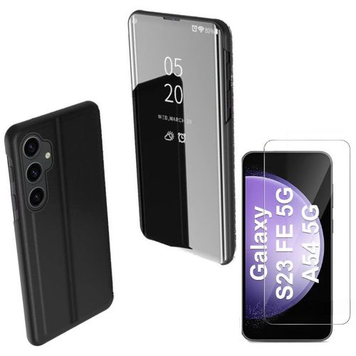 Coque Folio Rabat Miroir Pour Samsung Galaxy S23 Fe Couleur Noir + Verre Trempe Protection Ecran Little Boutik©