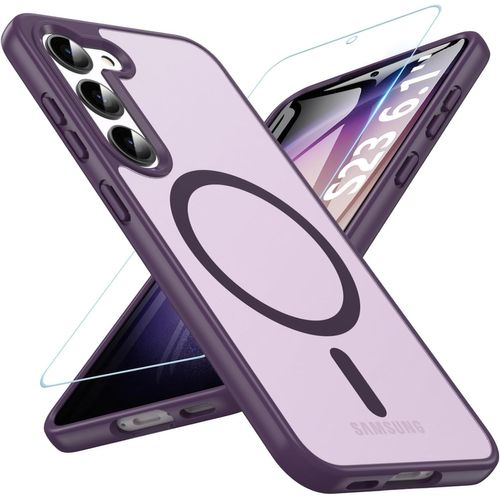 Étui Magnétique Pour Samsung Galaxy S23 Avec Verre Trempé 9h - Protection Militaire Anti-Chocs X-Shock 3.0, Aimant 2200g, Dos Pc Mat Translucide Anti-Jaunissement (Violet)