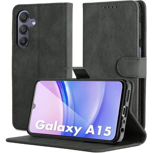 Étui Portefeuille Magnétique Pour Samsung Galaxy A15 (4g/5g) ¿ Coque Flip En Pu Cuir Premium, Support Intégré, 3 Fentes Cartes + Pochette, Gris Foncé