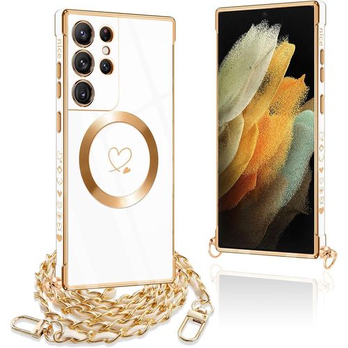 SJZG-Coque Magnétique Pour Samsung Galaxy S21 Ultra 5G Con Cordon, Compatible Avec Magsafe, Silicone Housse Avec Motif Coeur D'Amour Collier Lanyard, Pour Samsung S21 Ultra, Chaine-Blanc Or