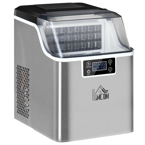 Machine à glaçons HOMCOM, 20 kg/24 h, 2,3 L, avec réservoir d'eau de 3,2 L, programme de nettoyage automatique, acier inoxydable, 25,2 x 36 x 37,1 cm, argent