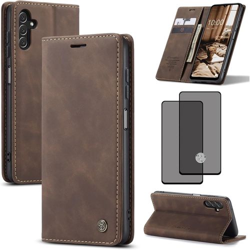 Étui Samsung Galaxy A56 5G - Coque Portefeuille Cuir PU Marron, Bumper TPU, Aimant, Emplacements Cartes, Support Pliable + Verre Trempé (Éd. 2024)