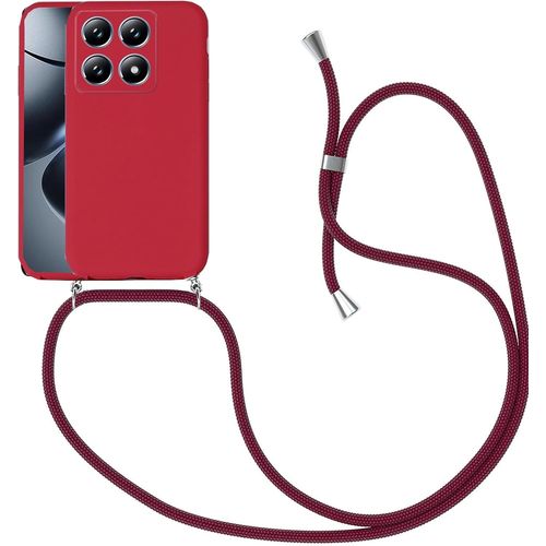 Étui Silicone Rouge Pour Xiaomi 14t Pro 5g + Cordon Tour De Cou Réglable, Coque Souple Antichoc Avec Bords Surélevés Et Découpes Précises