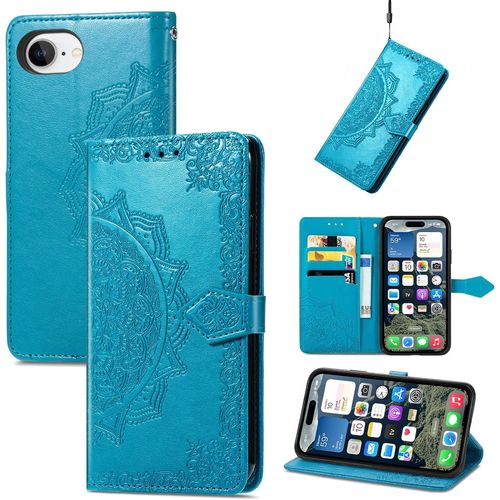 Etui Portefeuille Cuir Synthétique Mandala Embossé Avec Porte¿Cartes, Fermeture Magnétique, Béquille Et Dragonne - Coque Antichoc Pour Iphone 16 (6,1 Pouces) - Bleu