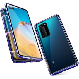 Étui Compatible Huawei P40 Pro ¿ Bumper Métal À Fixation Magnétique, Protection 360° Avant Et Arrière En Verre Trempé Transparent - Bleu