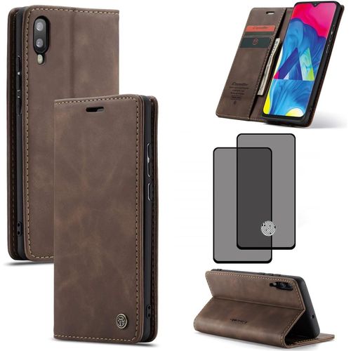 Coque Portefeuille Compatible Samsung Galaxy A10 (2019) ¿ Housse Cuir Synthétique Marron, Fermeture Magnétique, 2 Emplacements Cartes + Poche Billets, Fonction Support + Verre Trempé Hd (Pack 2)
