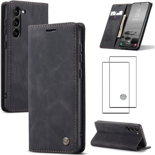 Étui Compatible Samsung Galaxy S23 - Cuir Pu Noir, Porte-Cartes Magnétique, Coque Tpu Bumper Avec Support Pliable + Verre Trempé Hd Inclus (2023)