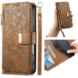 Étui Portefeuille Pour Samsung Galaxy S22 Ultra (6,8 Pouces) - Cuir Pu Motif Floral, Coque Tpu Antichoc, Porte-Cartes & Pochette Zippée, Support Mains¿Libres, Fermeture Magnétique Et Dragonne, Marron