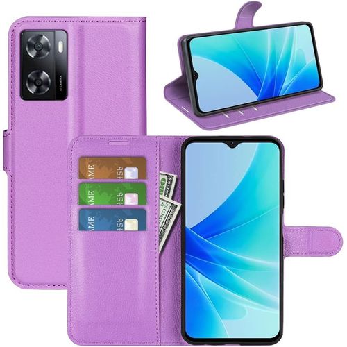 Étui Portefeuille Pour Oppo A57 4g / A57s / A77 4g 6,6"" - Coque Flip Simili Cuir + Tpu Souple, Fentes Cartes, Support Béquille Et Fermeture Magnétique - Violet