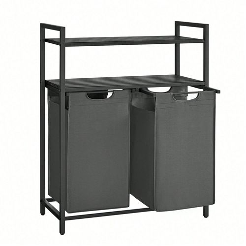 Panier à linge, Rangement 2 compartiments, 2 Sacs Amovibles en tissu Oxford, 2 Étagères, 46L pour chaque Sac, Noir et Gris
