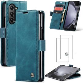 Étui Portefeuille Magnétique Bleu Pour Samsung Galaxy Z Fold5 5g - Cuir Pu, Bumper Tpu, Rangements Cartes, Support Pliable + Verre Trempé Hd (2023)