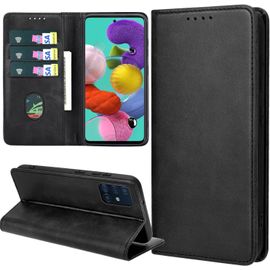 Étui Portefeuille Aimanté En Cuir Pu Pour Samsung Galaxy A51 4g - Coque Antichoc Avec 3 Emplacements Cartes Et Fonction Support - Noir