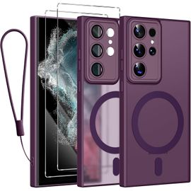 Étui Magnétique Avec Cordon Pour Samsung Galaxy S22 Ultra 5g (6,8 Pouces) ¿ Coque Fine Translucide Mate Violette, Compatible Magsafe, 2 Protections Écran En Verre Trempé + Protection Caméra
