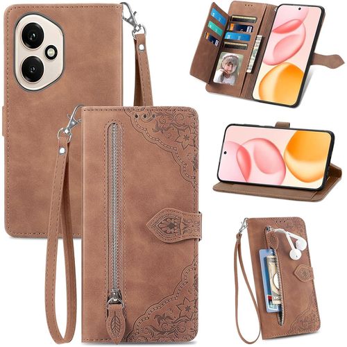 Étui Portefeuille pour Honor 400 5G ¿ Coque Flip Cuir PU Marron, Intérieur TPU Antichoc, Porte-cartes, Poche Zippée, Support Mains¿Libres et Fermeture Magnétique, Motif Fleurs