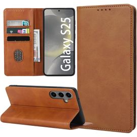 TRAHOO-Coque pour Samsung Galaxy S25 5G, Housse en Cuir PU Flip Pochette Portefeuille Étui avec Emplacement Carte Magnétique Antichoc, Marron