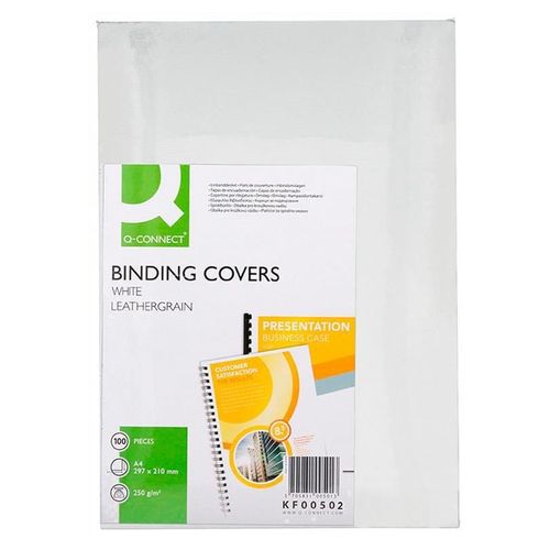 Q-Connect Pack 100 Couverture Reliure Carton 250g Grain Cuir Format A4 Blanc