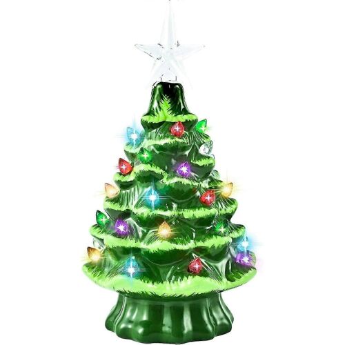 Sapin de Noël en céramique, 8 lumières pré-éclairées, peint à la main, décoration de table avec 32 lumières multicolores et étoile supérieure, centre de table rétro