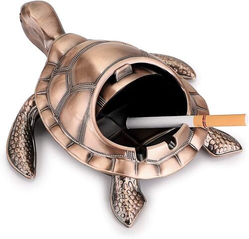 Cendrier rétro en métal motif tortue avec couvercle coupe-vent, intérieur et extérieur (rouge bronze)