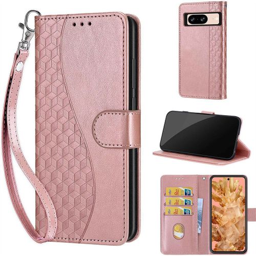 Saturcase Coque Pour Google Pixel 8, S-Cube Pu Cuir Magnétique Flip Portefeuille Support Porte-Carte Dragonne Protecteur Housse Étui Pour Google Pixel 8 (Bl-Or Rose)