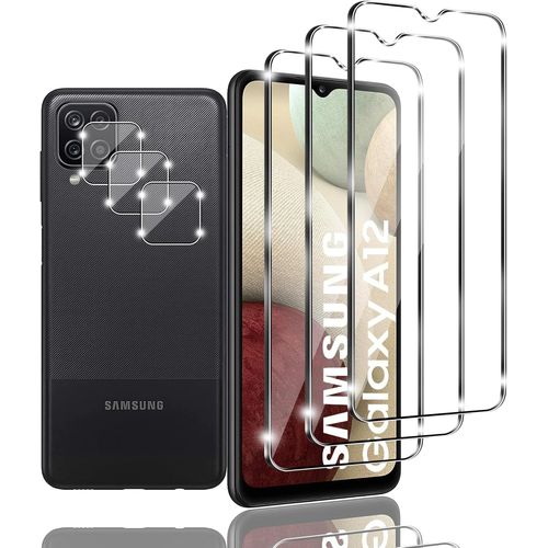 Lot 3 Protecteurs D¿Écran + 3 Protections Objectif En Verre Trempé 9h Pour Samsung Galaxy A12 - 0,26 Mm Ultra Résistant, Hd Transparence, Toucher Réactif