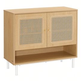 Meuble À Chaussures, Rangement 3 Niveaux Pour Chaussures, Étagère À Chaussures Avec Portes Aspect Rotin, Étagère Réglable En Hauteur, Beige Chêne