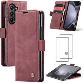Coque Portefeuille En Cuir Pu Compatible Samsung Galaxy Z Fold5 5g - Rouge, Rabat Magnétique, 2 Fentes Cartes + Poche Billets, Fonction Support, Pack 2 Pièces Avec Verre Trempé Hd