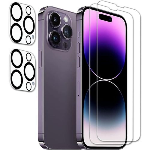 Lot 2 Protège-Écrans En Verre Trempé + 2 Films Objectif Pour Iphone 14 Pro Max ¿ Dureté 9h, Anti-Rayures, Ultra-Transparent, Sensibilité Tactile Préservée