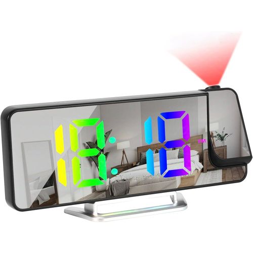 SEPT-Réveil Projecteur, Horloge Digitale 8,1"" RGB, 3 Niveaux de Luminosité, Projection Rotative à 180°, Réveil avec Affichage de la Température, Double Alarme 12/24H, Écran LED ¿ Recharge USB