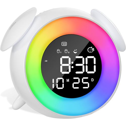 SEPT-Reveil Enfant Numérique, Réveil Enfant Educatif Jour/Nuit, LED Horloge Digitale avec Snooze, 2 Alarmes, 10 Couleur lumières, 7 Sonneries, 12/24H, Lumière d'Éveil/Coucher Soleil