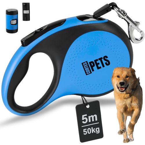 Teppc-Cortespets® Laisse Chien, Enrouleur 5m Pour Chiens Jusqu'à 50 Kg Avec Support Pour Sacs À Excréments, Extensible, Rétractable. Laisse Rétractable Gros Chien. (Bleu, L - 5m - 50kg)