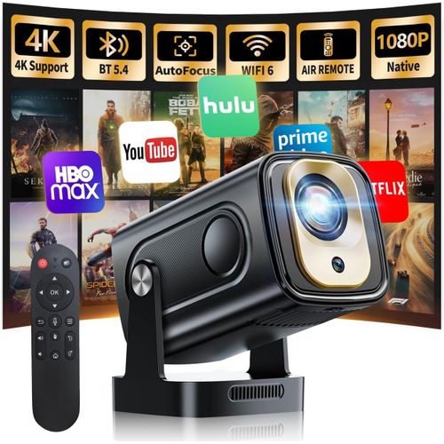 Beamer 1080P Mit Wifi&Bluetooth Android Projektor,Mini Beamer 4K Mit 210° Drehbarer Stand,Tragbarer Projektor Native 4K Full Hd Unterstützung Laptop/Hdmi/Usb/Automatische Trapezkorrektur,Schwarz