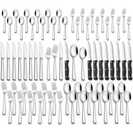Set De Couverts Pour 12 Personnes, 72 Pièces En Acier Inoxydable Avec Couteau À Steak, Couverts Avec Couteau, Fourchette, Cuillère, Élégant Couverts De Table Pour La Maison, Le Restaurant, La
