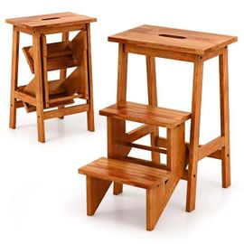 COSTWAY Escabeau à 3 Marches, Marchepied Antidérapant et Large, 3 en 1 en Bois d'Hévéa pour la Maison et le Garage, Café