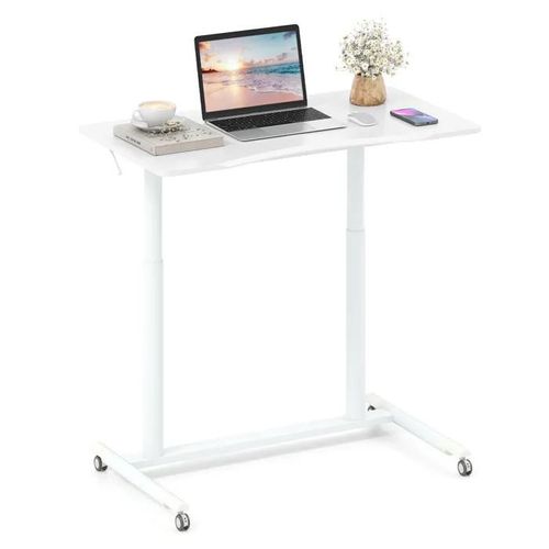 Costway Bureau Mobile Debout Réglable En Hauteur En Forme C - Roulettes Verrouillables Et Cadre En Métal 95 X 52 X 70-106 Cm Blanc