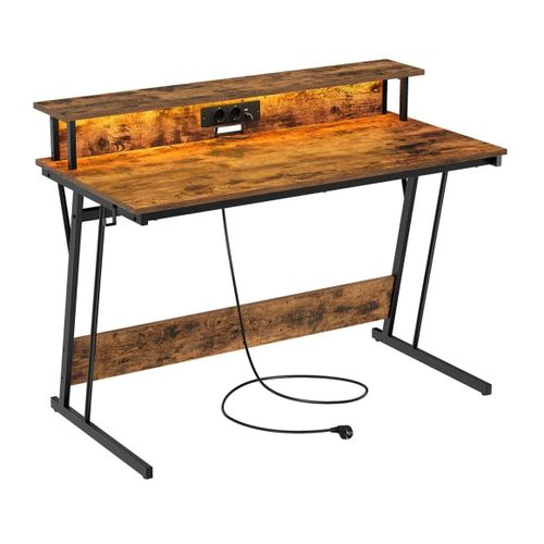 Bureau Gaming Avec Led Et Multiprise Table Gamer Bureau Informatique Avec Rehausseur D Écran Pour 2 Ordinateurs Pour Chambre 55 X 135 X 76 Cm Noir Boisé Helloshop26 12_0004629