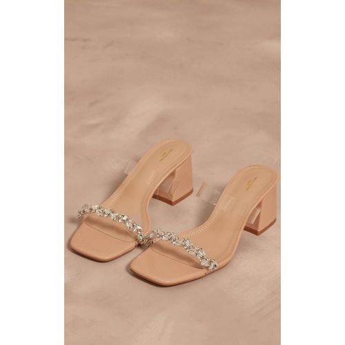 Mules Talon Carré En Pu Nude Bout Carré Large Et Bride Transparente Avec Détail Bijoux Nude