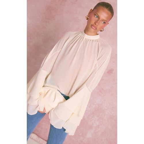 Blouse En Mousseline De Soie Crème À Col Montant Et Manches Volantées, Crème