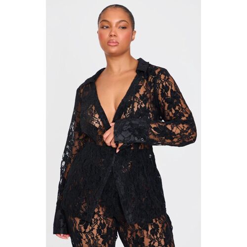 Plus Chemise En Dentelle Transparente Noire, Noir